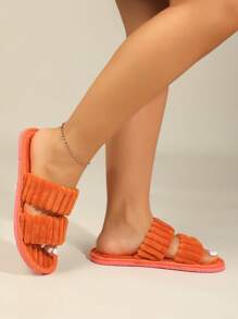 女式簡約毛絨臥室拖鞋，時尚室內家居拖鞋 - 橘色 - 查看 4