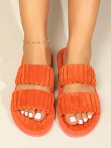 女式簡約毛絨臥室拖鞋，時尚室內家居拖鞋 - 橘色 - 查看 5