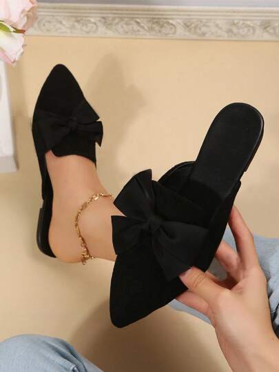 女士尖头蝴蝶结平底穆勒鞋，一脚蹬平底鞋，百搭休闲乐福鞋，适合搭配连衣裙，柔软舒适的工作鞋，春夏秋