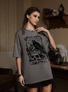 ROMWE Academia Áo thun nữ Thú vật Lễ Các Thánh Giải trí - Xám - Xem 5