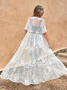 Swim Vcay Embroidery Mesh Tie Front Kimono Summer - White - View 5