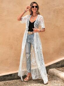 Swim Vcay Embroidery Mesh Tie Front Kimono Summer - White - View 4