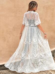 Swim Vcay Embroidery Mesh Tie Front Kimono Summer - White - View 1