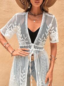 Swim Vcay Embroidery Mesh Tie Front Kimono Summer - White - View 6
