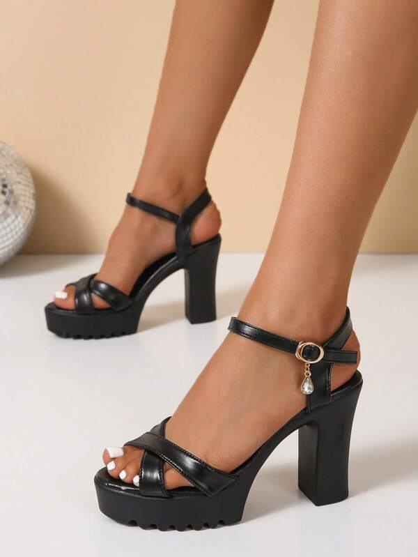 صنادل بديكور حجر الراين حزام كاحل منصة حذاء كعب مكتنز البونك نساء