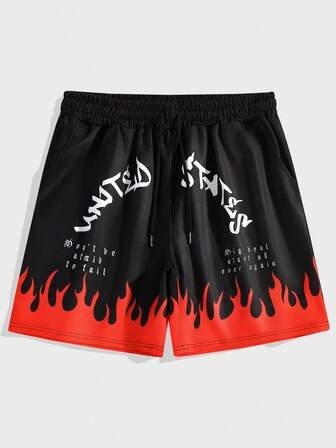 Grunge Punk Ragazzi Shorts fuoco con grafica lettera con coulisse a vita