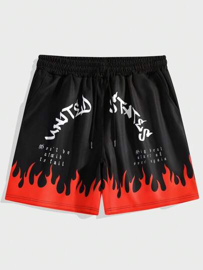 Grunge Punk Männer Shorts mit Feuer Buchstaben Grafik, Tunnelzug,