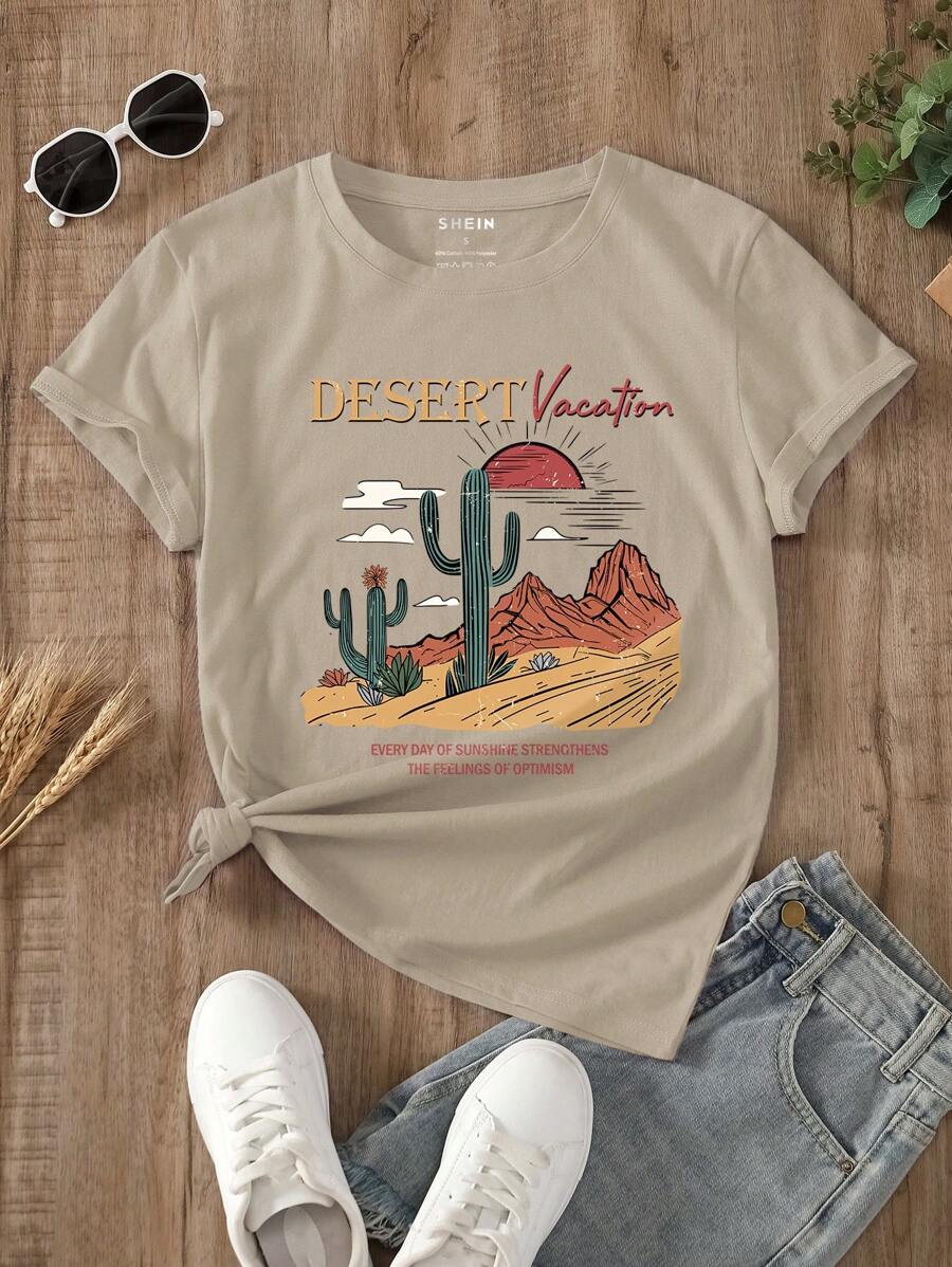 SHEIN LUNE 仙人掌和標語圖案T恤 - 卡其色 - 查看 1