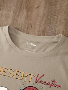 SHEIN LUNE 仙人掌和標語圖案T恤 - 卡其色 - 查看 3