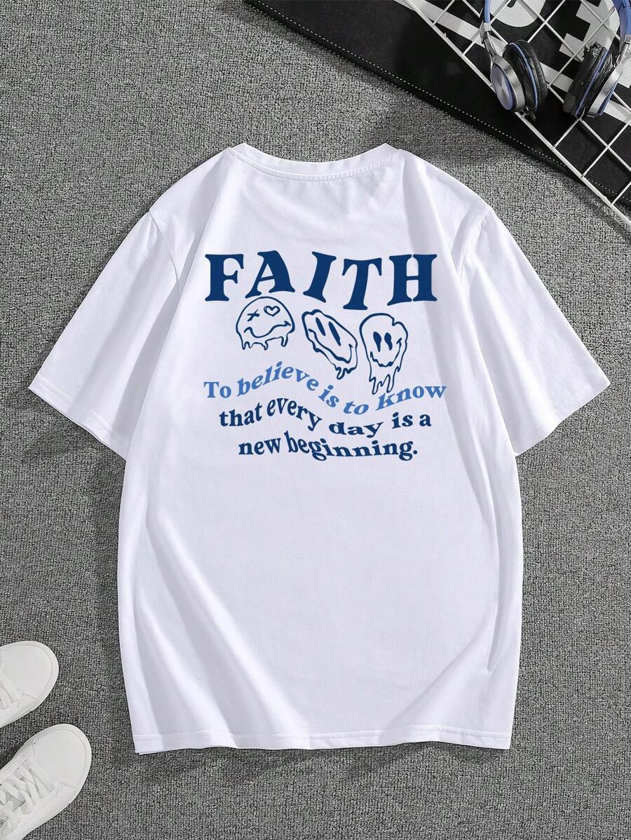 男士表情和標語圖案T恤 - 白色 - 查看 1