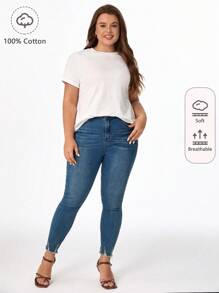 SHEIN BASICS 大尺碼純色圓領t卹 - 白色 - 查看 1