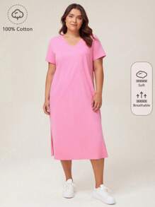 SHEIN BASICS 大碼V領下擺開叉T恤連衣裙 - 粉色 - 查看 1