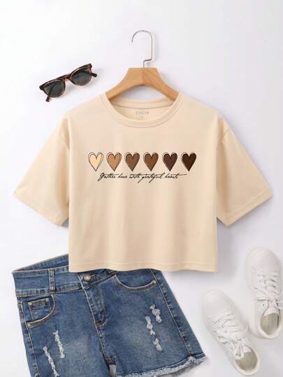 INAWLY Camiseta corta con gráfico de corazón y eslogan "Reunirnos aquí con corazones agradecidos", camiseta gráfica para mujer