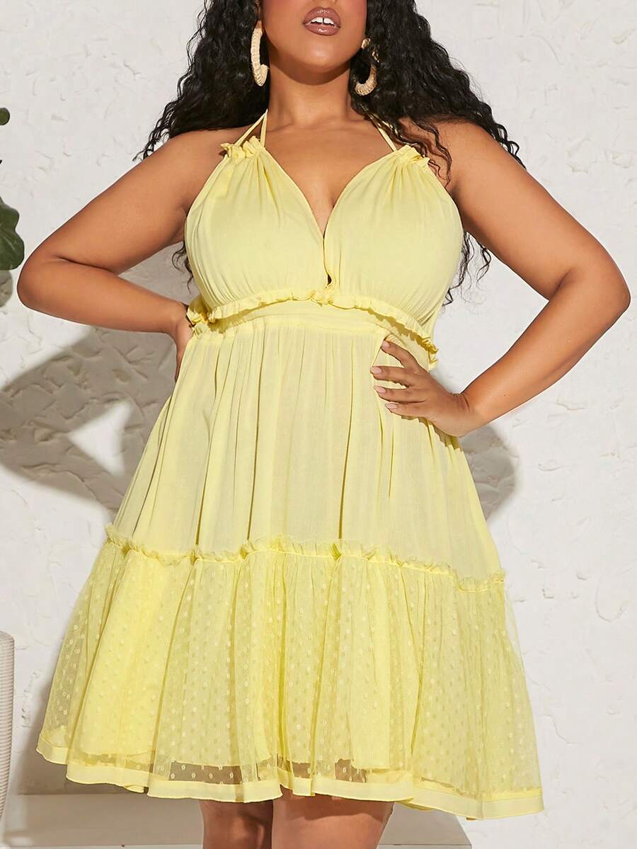 SHEIN CURVE+ Plus Swiss Dot Frill Trim Tie Backless Ruffle Hem Halter Dress - Yellow - View 1