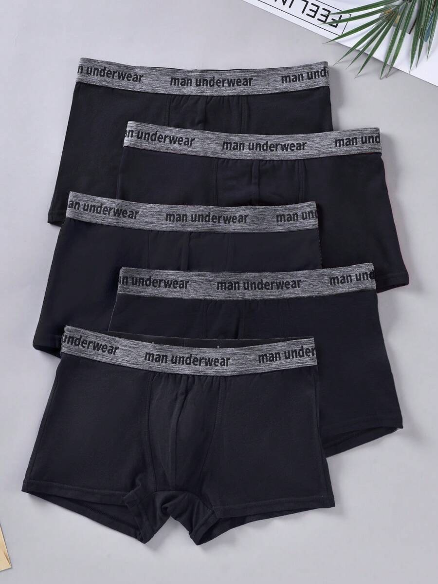 男士5入組拼接字母織帶平角內褲 - 黑色 - 查看 1