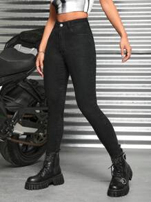 SHEIN PETITE 高腰緊身牛仔褲 - 黑色 - 查看 3