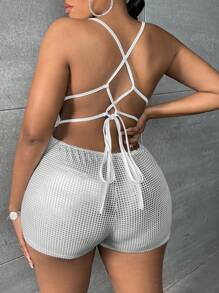 Slaydiva 大碼露背交叉吊帶連體短褲 - 白色 - 查看 2