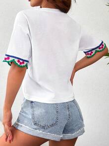 EURMUSE Contrast Trim Drop Shoulder Tee - trắng - Xem 3