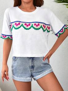 EURMUSE Contrast Trim Drop Shoulder Tee - trắng - Xem 5