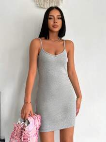 Cottnline Solid Cami Bodycon Dress - Grey - View 4