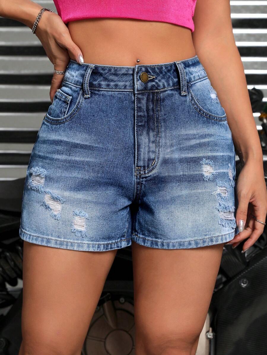 SHEIN ICON High Waist Ripped Denim Shorts - Medium Wash - View 1