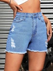 SHEIN ICON Quần short denim nữ - Màu xanh lam - Xem 1
