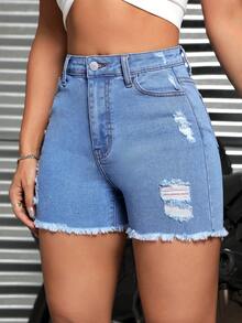 SHEIN ICON Quần short denim nữ - Màu xanh lam - Xem 6