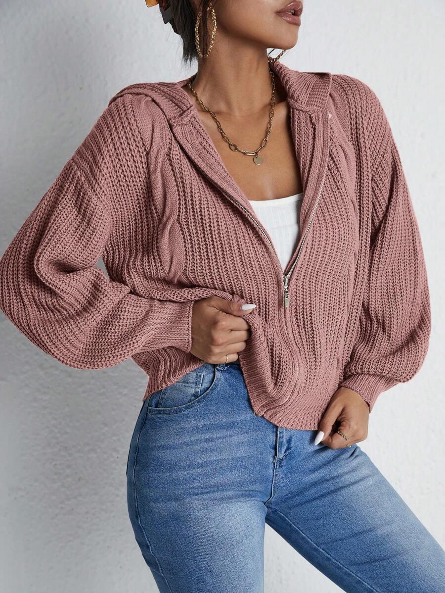 RueChic Zip Up Drop Shoulder Hooded Cardigan - Redwood - View 1