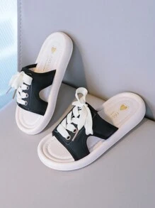 Kids Lace Up Detail Slippers - Black - View 2