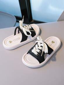 Kids Lace Up Detail Slippers - Black - View 6