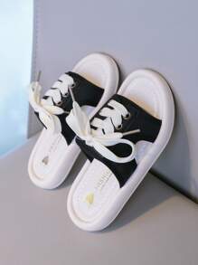 Kids Lace Up Detail Slippers - Black - View 7