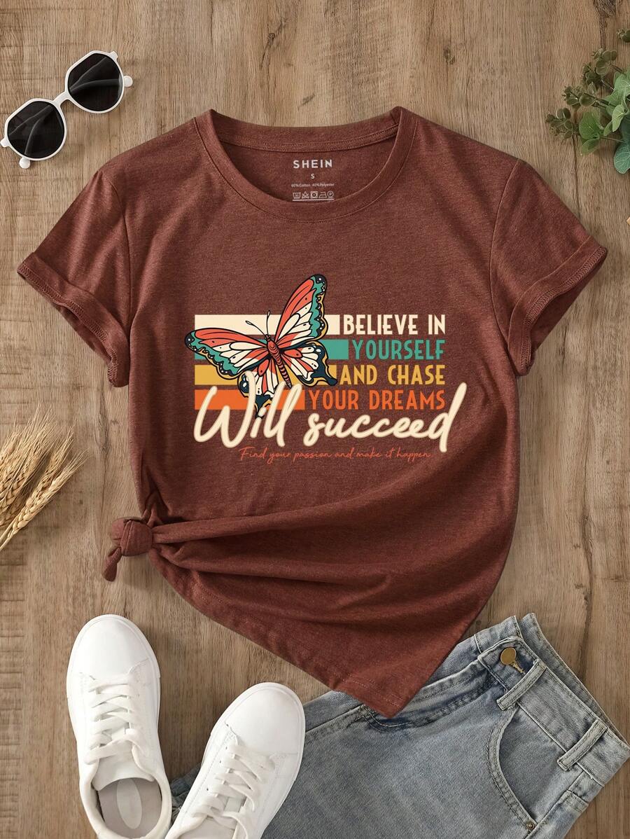 SHEIN LUNE Butterfly And Slogan Graphic Tee - Rust Brown - View 1
