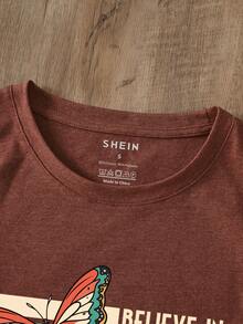 SHEIN LUNE Butterfly And Slogan Graphic Tee - Rust Brown - View 3