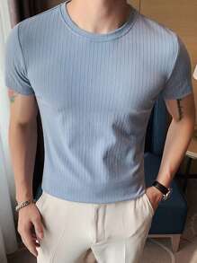 Men Solid Ribbed Knit Tee - Baby Blue - View 3