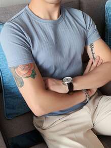 Men Solid Ribbed Knit Tee - Baby Blue - View 4