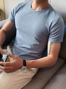 Men Solid Ribbed Knit Tee - Baby Blue - View 5