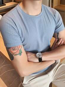 Men Solid Ribbed Knit Tee - Baby Blue - View 6