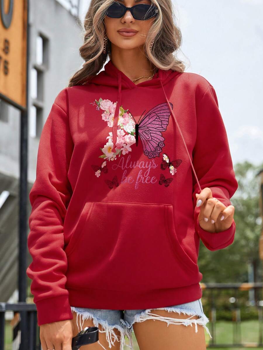 SHEIN LUNE Quần áo thể thao nữ Dây kéo Túi Hoa Loại bướm Giải trí - Đỏ - Xem 1