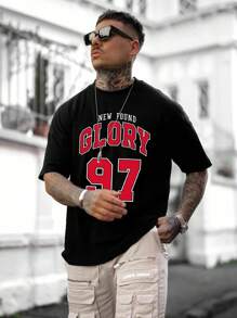 Men Letter Graphic Drop Shoulder Tee - Black - View 1