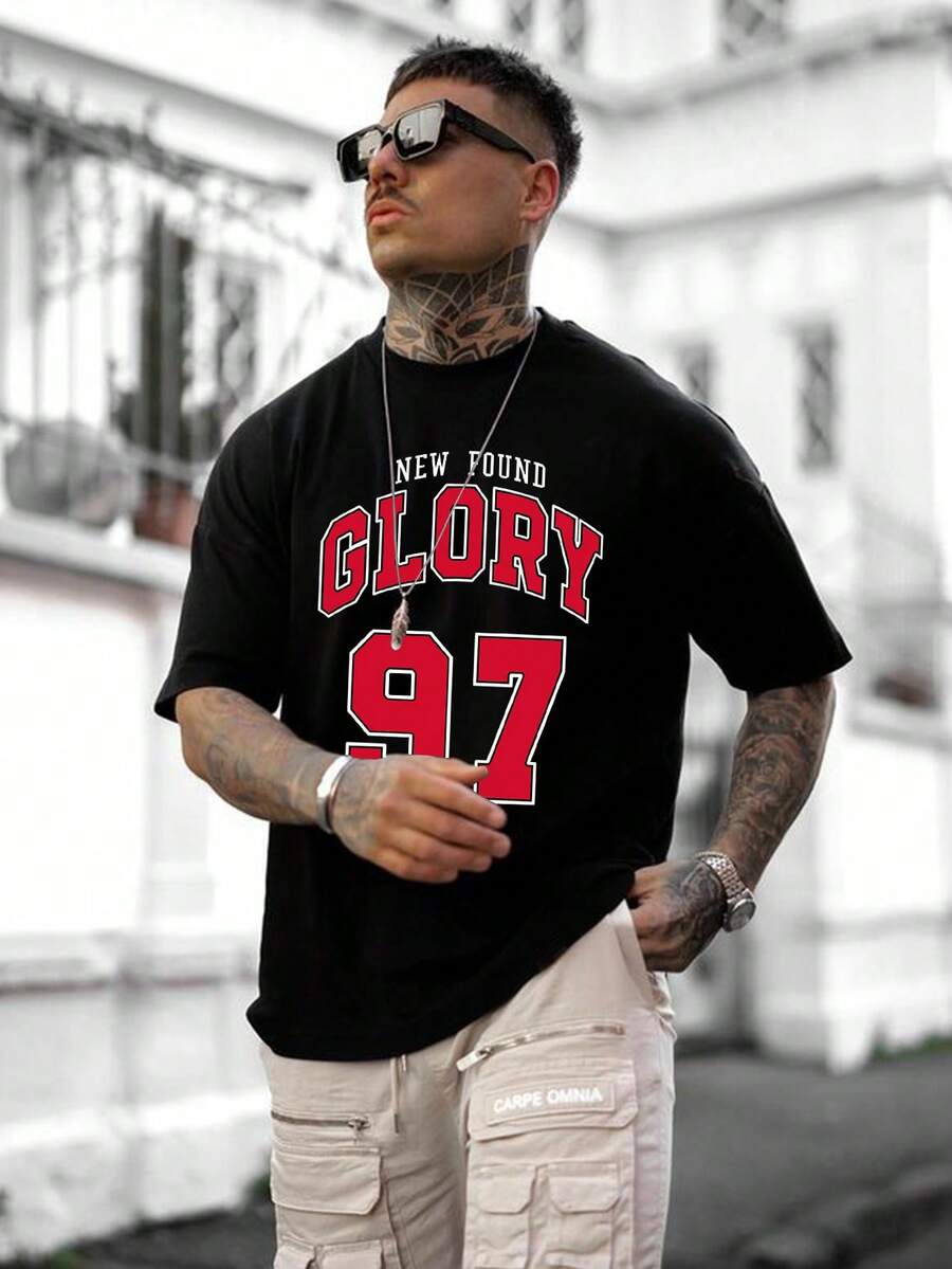 Men Letter Graphic Drop Shoulder Tee - Black - View 1