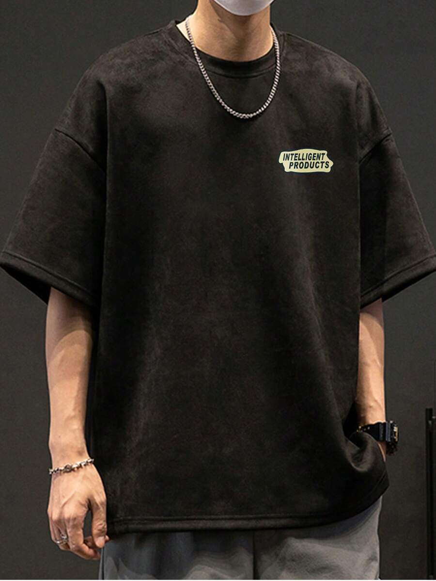 男士字母圖案落肩T恤 - 黑色 - 查看 1