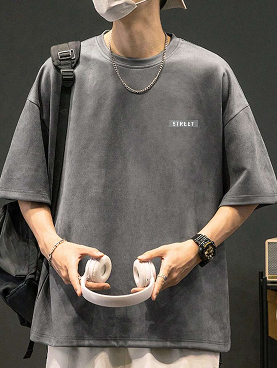 Áo thun & Áo lót Nam Đắp vá Lá thư Giải trí - Màu xám đen - Xem 1