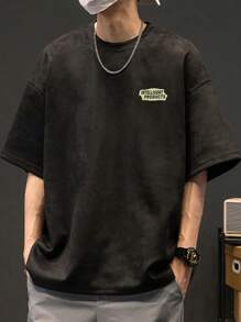 男士字母圖案落肩T恤 - 黑色 - 查看 4
