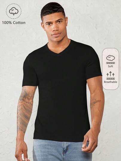 Manfinity BRENVOR Homme T-shirt En 100% Coton Unicolore Col En V