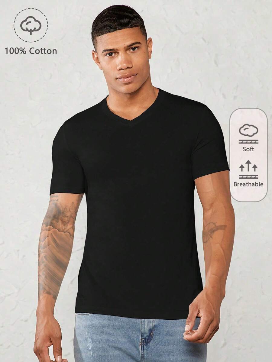 Manfinity BRENVOR Men 100% Cotton Solid V Neck Tee - Black - View 1