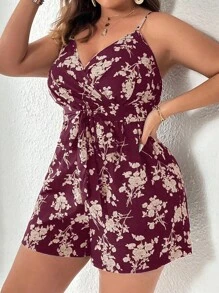 SHEIN Holidaya Jumpsuits Plus Size Trọn gói Thắt lưng Hoa Tất cả trên in Boho - Màu Tím - Xem 1