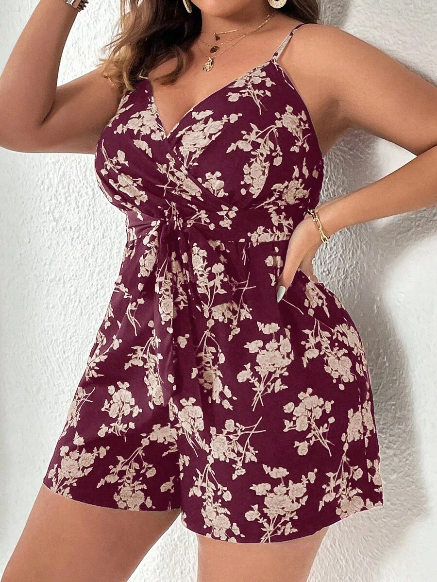 SHEIN Holidaya Jumpsuits Plus Size Trọn gói Thắt lưng Hoa Tất cả trên in Boho - Màu Tím - Xem 1
