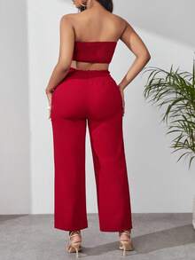 SHEIN SXY Solid Tube Top & Paperbag Waist Trousers - Red - View 2
