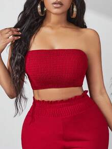 SHEIN SXY Solid Tube Top & Paperbag Waist Trousers - Red - View 3