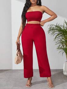 SHEIN SXY Solid Tube Top & Paperbag Waist Trousers - Red - View 4